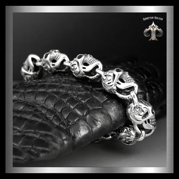 Sterling Silver Flame Skull Biker Bracelet