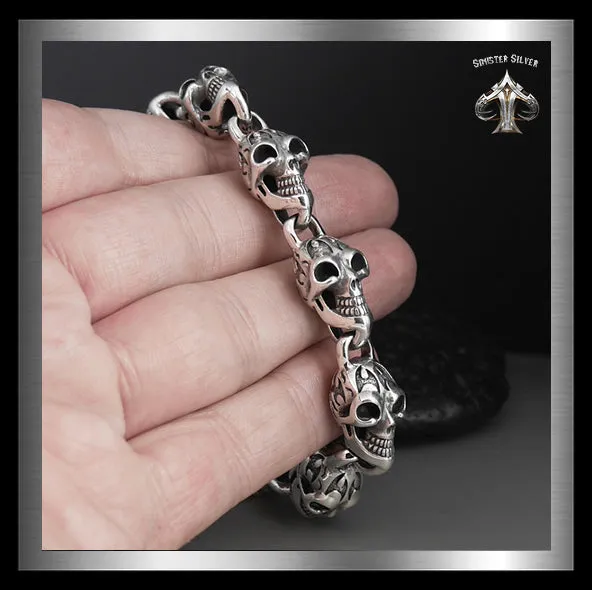 Sterling Silver Flame Skull Biker Bracelet