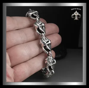Sterling Silver Flame Skull Biker Bracelet