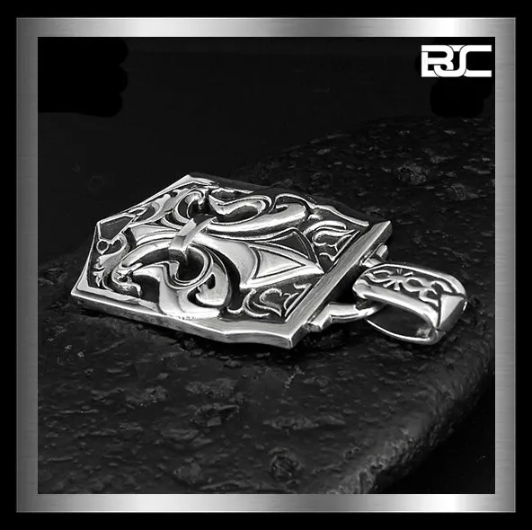 Sterling Silver Fleur De Lis Dog Tag Medieval Biker Pendant