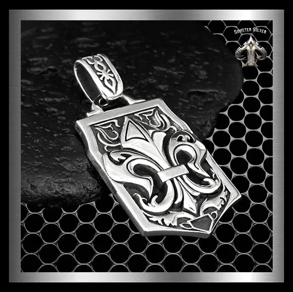 Sterling Silver Fleur De Lis Dog Tag Medieval Biker Pendant