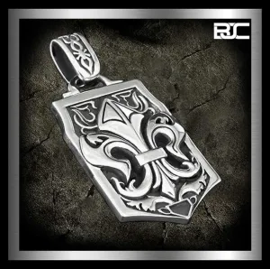 Sterling Silver Fleur De Lis Dog Tag Medieval Biker Pendant