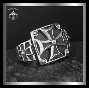 Sterling Silver Knights Templar Masonic Cross Mens Biker Ring