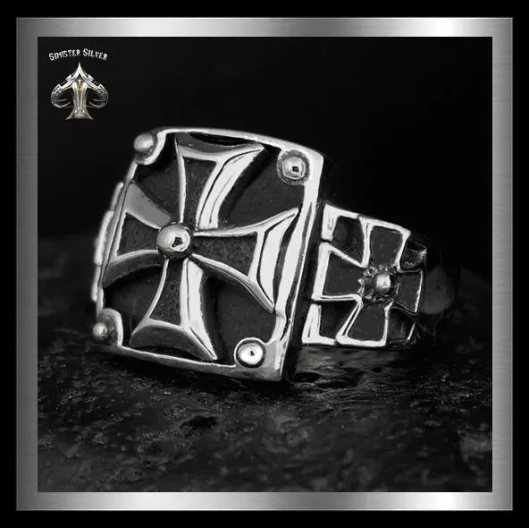 Sterling Silver Knights Templar Masonic Cross Mens Biker Ring