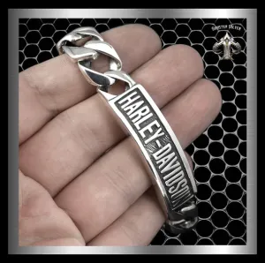Sterling Silver Mens Biker HD Logo Bracelet Curb Chain