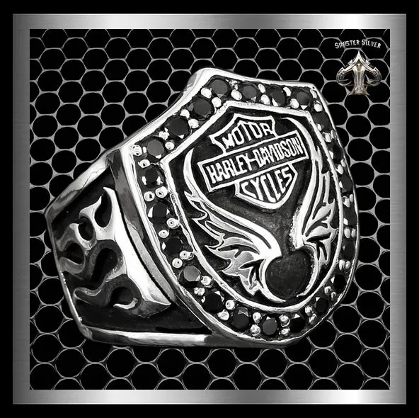 Sterling Silver Onyx Biker Motorcycle Crest Ring