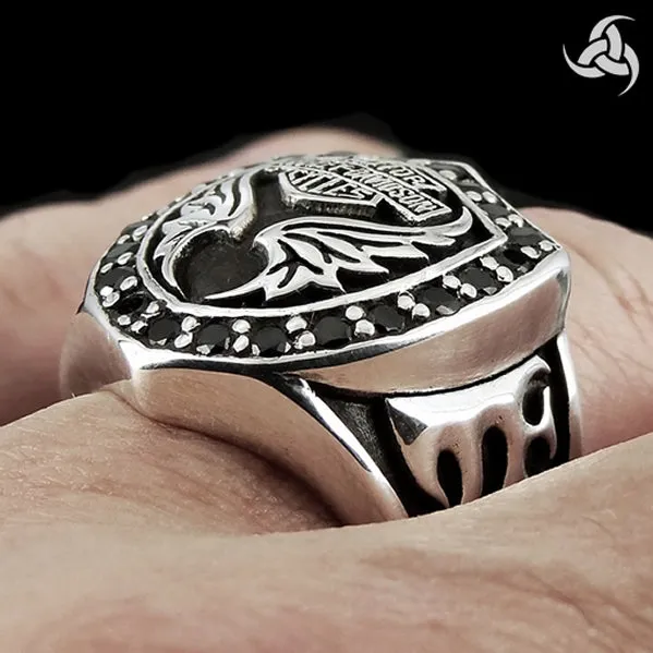 Sterling Silver Onyx Biker Motorcycle Crest Ring