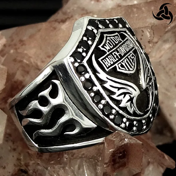 Sterling Silver Onyx Biker Motorcycle Crest Ring