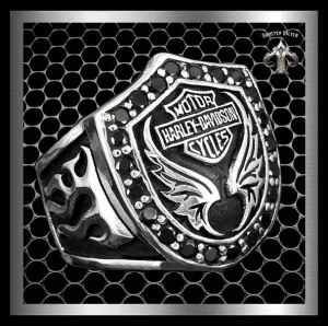 Sterling Silver Onyx Biker Motorcycle Crest Ring