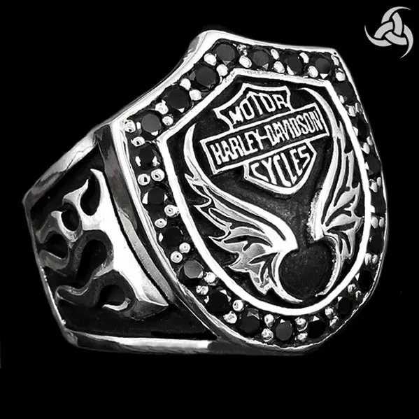 Sterling Silver Onyx Biker Motorcycle Crest Ring