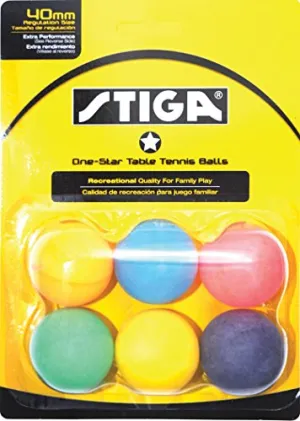 STIGA 1-Star Assorted Multicolor Recreational-Quality Regulation Size 40mm Table Tennis Balls (6 Pack)