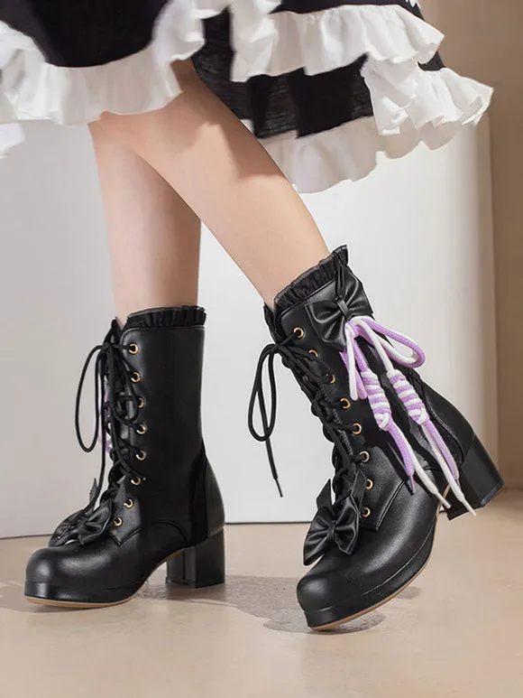 Sweet Lolita Boots PU Leather Bows Ruffles Round Toe White Lolita Footwear