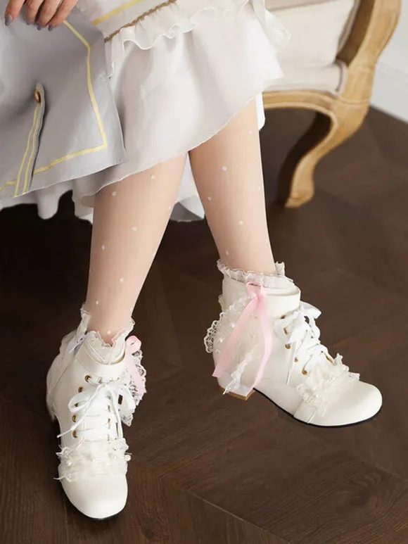 Sweet Lolita Boots PU Leather Pearls Lace Round Toe White Lolita Footwear