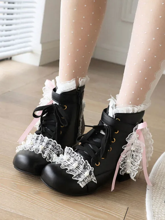 Sweet Lolita Boots PU Leather Pearls Lace Round Toe White Lolita Footwear