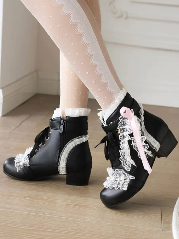 Sweet Lolita Boots PU Leather Pearls Lace Round Toe White Lolita Footwear