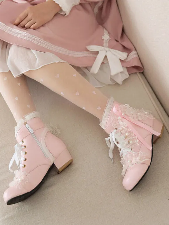 Sweet Lolita Boots PU Leather Pearls Lace Round Toe White Lolita Footwear