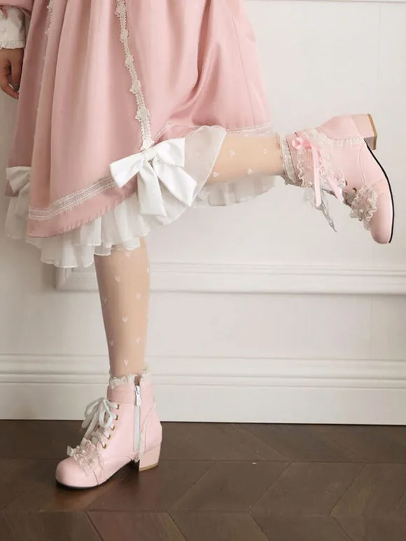 Sweet Lolita Boots PU Leather Pearls Lace Round Toe White Lolita Footwear