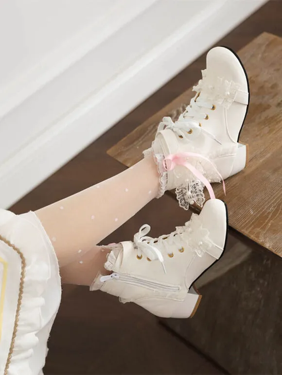 Sweet Lolita Boots PU Leather Pearls Lace Round Toe White Lolita Footwear