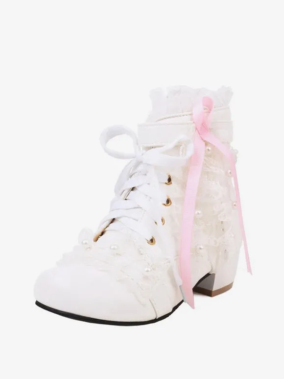 Sweet Lolita Boots PU Leather Pearls Lace Round Toe White Lolita Footwear