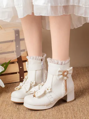 Sweet Lolita Boots PU Leather Ruffles Bows Round Toe Black Lolita Footwear