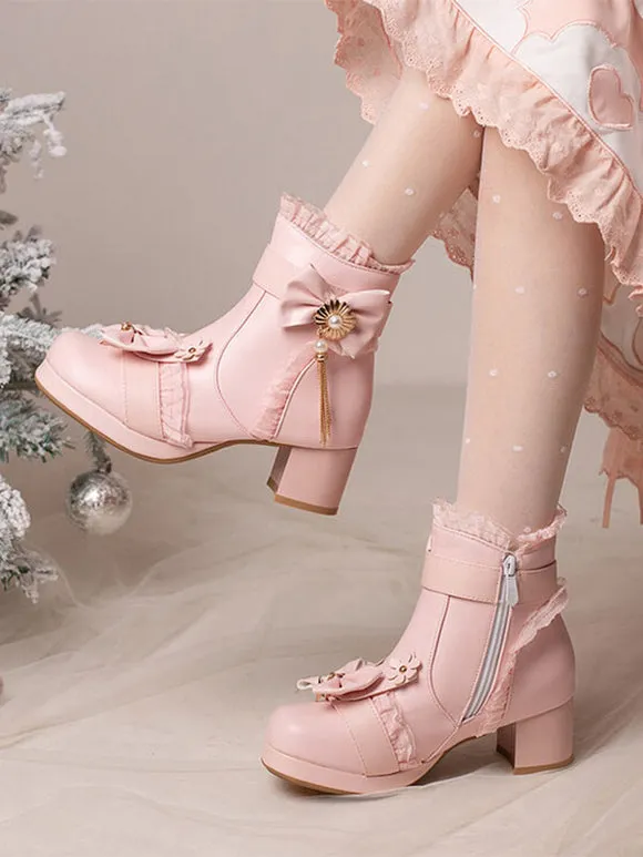 Sweet Lolita Boots PU Leather Ruffles Bows Round Toe Black Lolita Footwear