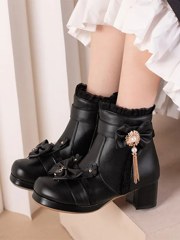 Sweet Lolita Boots PU Leather Ruffles Bows Round Toe Black Lolita Footwear