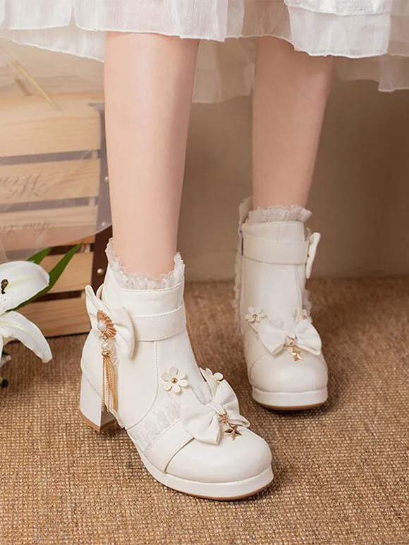 Sweet Lolita Boots PU Leather Ruffles Bows Round Toe Black Lolita Footwear