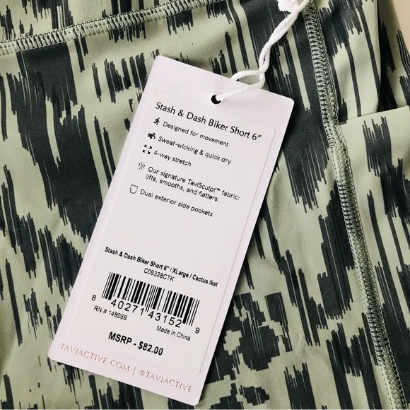 Tavi Active Stash &amp; Dash 6” Biker Short Green Size XL NWT