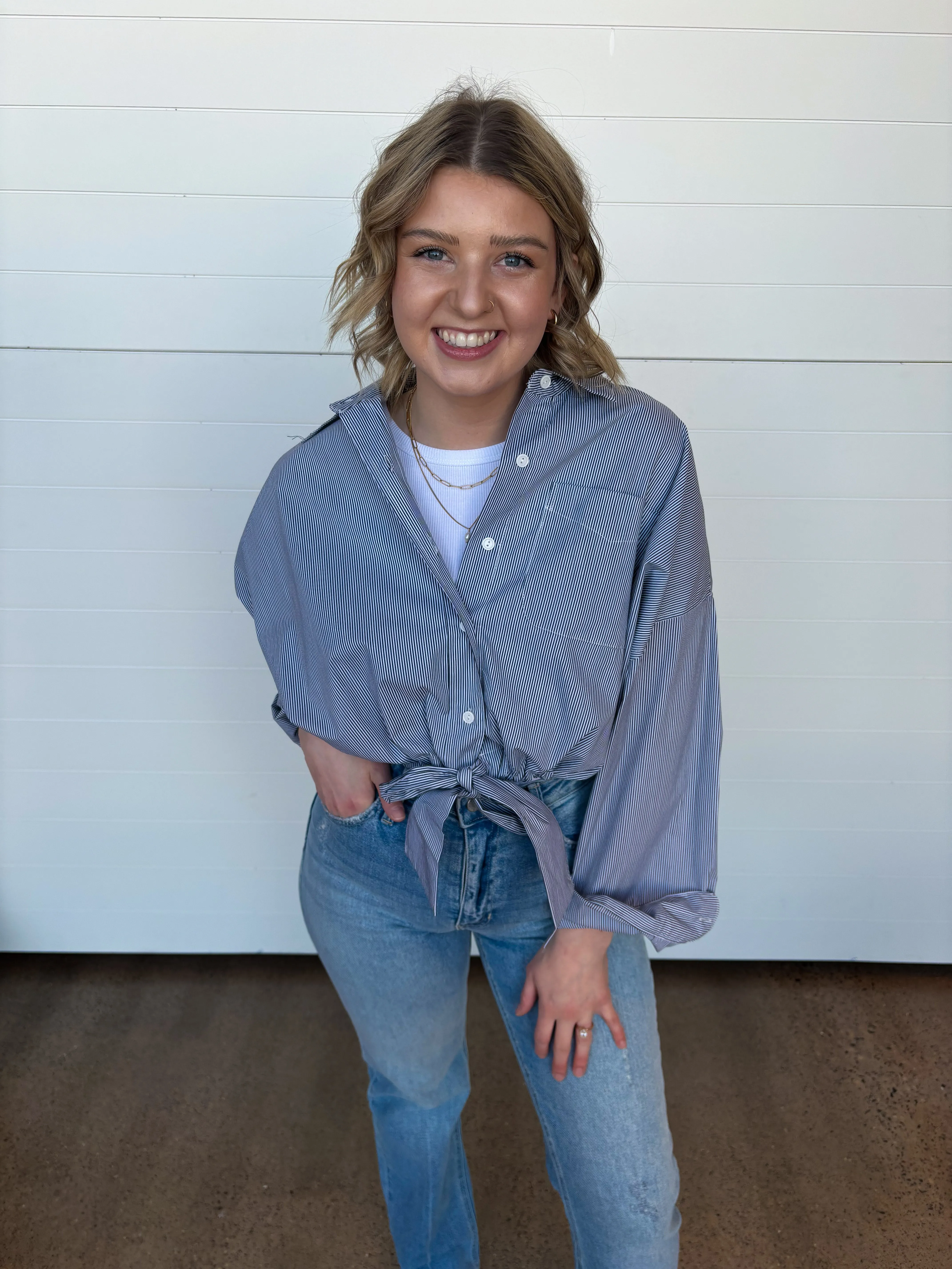 The Elena Tie Bottom Button Up Top