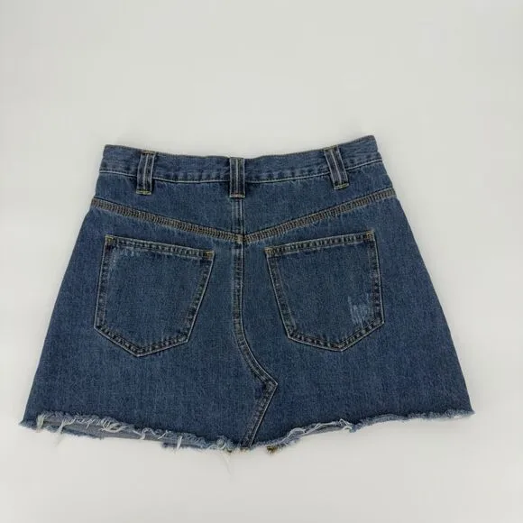 We The Free Sidecar Denim Mini Skirt Saratoga Blue Distressed Raw Hem 26/2 Boho