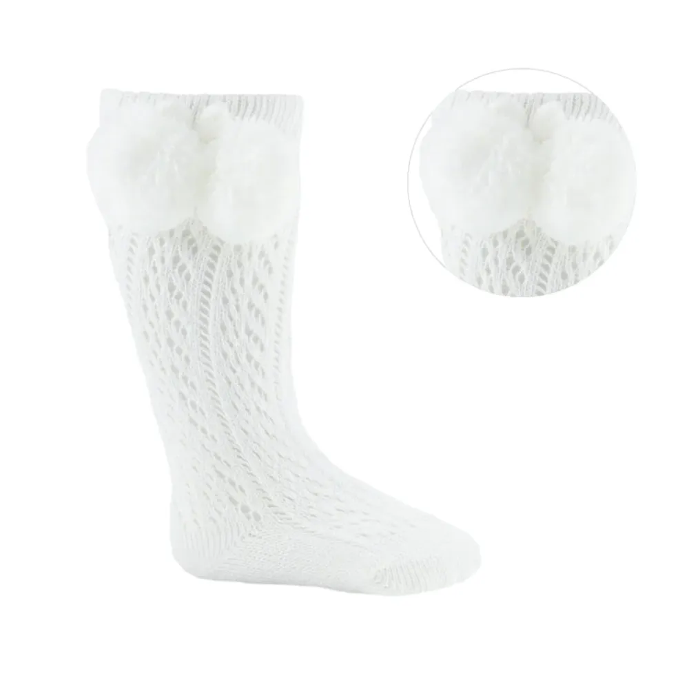 White Knee High Pom Pom Pelerine Socks