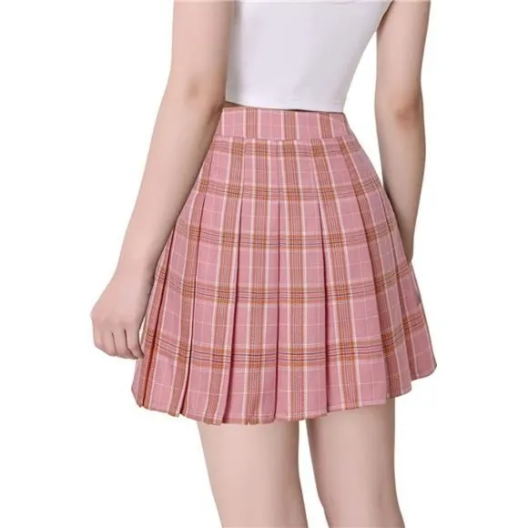 Women Girls Short High Waist Pleated Skater Tennis Skirt Pink Stripes