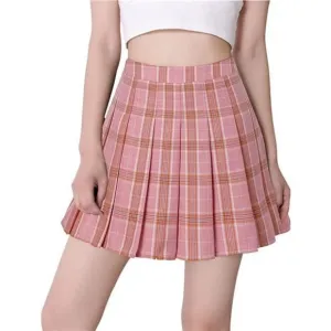 Women Girls Short High Waist Pleated Skater Tennis Skirt Pink Stripes