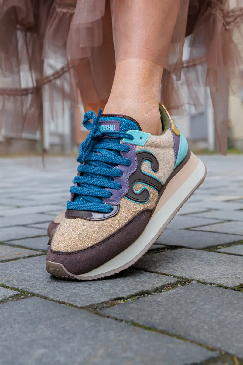 WUSHU Master wool mw07 gull glitter med brun dedetaljer.